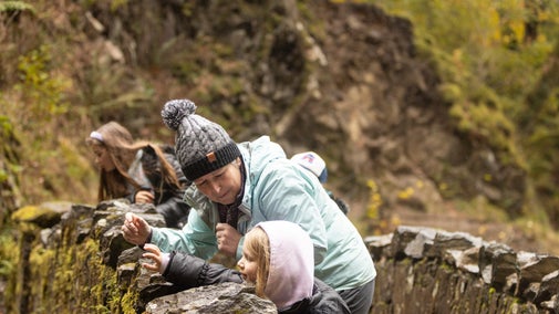 A woman and two children looking over the bridge towards the waterfall at Aira Force in the Lake District